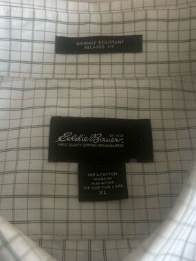 Eddie Bauer White Shirt with Green Windowpane Check - XL